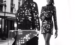 a woman in a dress walking down a street