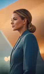 a woman with a messy bun wearing a blue suit