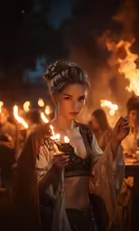 woman holding lit candle at night with many other people