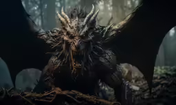 a demonic dragon with his wings spread out standing in the woods