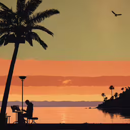 a silhouette of people eating and drinking at a park,two people sit at a bench under a palm tree while the sun sets
