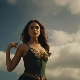 there is a girl wearing a green dress and posing