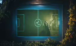 illuminated screen in dark room with greenery surrounding