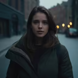 a woman stands in the street at night