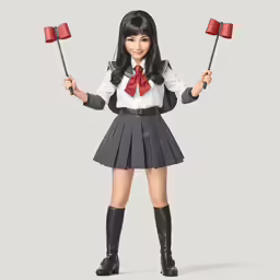 a female in a black skirt and red tie holding three candles