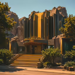 a building with stairs going into it near trees