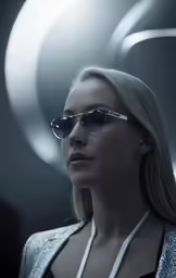 woman wearing sunglasses and jacket looking off to the side