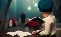a little girl wearing a blue hat is sitting on the edge of a wooden table