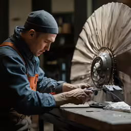 a man working with an object on the work bench