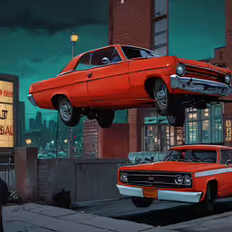 an old red car is being lifted over by two men,an orange car suspended upside down on the roof of a building