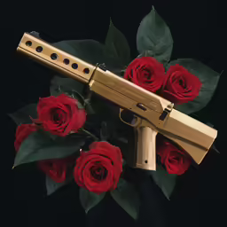 a gun with a small revolver on a bunch of roses