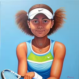 painting of a tennis player with the face of a female tennis player,the painting depicts a young woman with a tennis racquet