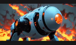 a robot made of aluminum and steel with orange lights