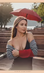 an attractive woman with a red umbrella posing for the camera