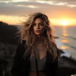 a close up of a person near the ocean,a very attractive young lady posing on the edge of a cliff