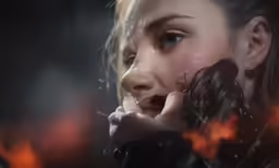 a girl with an unkempt look is biting into her hands and her face slightly obscured by fire