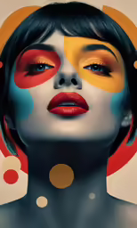 a woman with bright makeup and colorful polka dots on her face