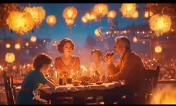 four people gather around a table with candles in a party