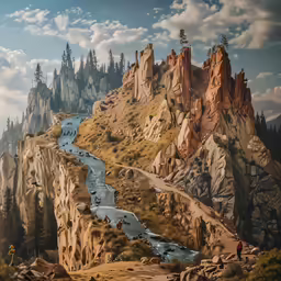 a painting of people riding horses on a rocky landscape