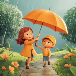 a mother and child walking in the rain holding an umbrella