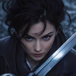 a woman in black jacket holding two large swords