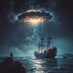 the ship is floating in the sky with clouds