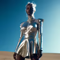 a female in a metallic outfit is standing in the desert