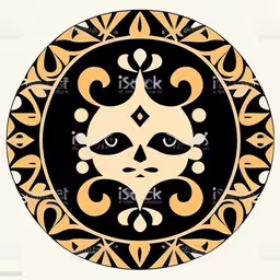 the design with an ornamental style is suitable for any painting,an ornate ornamental medallion design with cats face,an ornate circular design with stylized shapes and dots,an ornamental design with cats on the center of it royalty,an artistic painting of a cat head in a circle with gold accents
