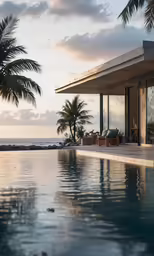a house sits on the edge of a large swimming pool