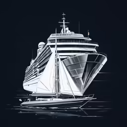 a white and black photo of a boat in the water