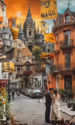 a wedding couple stand next to each other in a city square