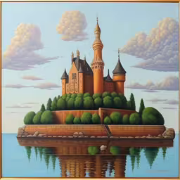 a painting of a castle in the middle of a lake,this painting depicts an old castle on top of a island