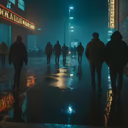 a group of people walking on the sidewalk in a city at night