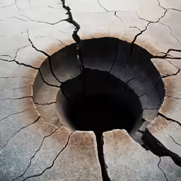 the cracks in a white cracked rock with black water