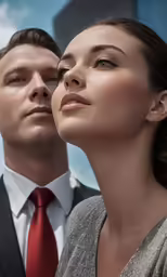 a woman and man are looking at something