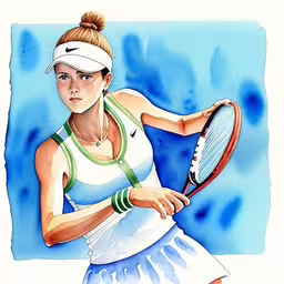 a drawing of a girl playing tennis,a watercolor portrait of a woman in a tennis dress,drawing of woman tennis player in action on court,a painting of a woman tennis player about to hit the ball,a woman is playing tennis on a watercolor background