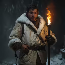a man in winter coat holding a stick with a lit flame