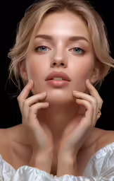 a woman wearing white dress with hand near face