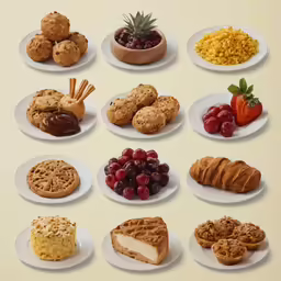 six plates of various cookies and other types of fruit