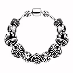 a silver tone bracelet with intricate ornaments,an intricate black and white bracelet with hearts