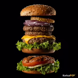 two hamburgers stacked on top of each other