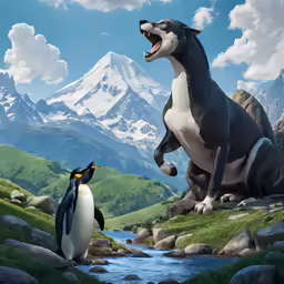 two statues of two dogs and a penguin on a grassy mountain