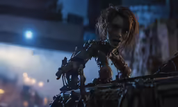 a woman dressed as an humanoid stands in a darkened room