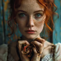 a woman with freckled red hair and blue eyes holding her hand to her face, in front of an ornate wooden wall,a girl with freckled hair posing with hands together