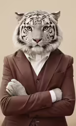 a white tiger is dressed in a suit and standing with his arms crossed