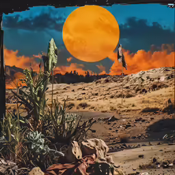 this is an image of the sun in the sky over some desert