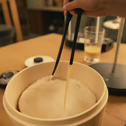 a person is lifting chopsticks from an empty bucket