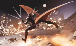 a woman with two sword in her hand is dressed like a devil, flying over a desert area