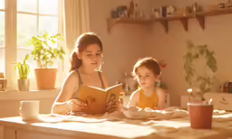 mother reading to young child on the kitchen table