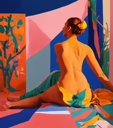 a beautiful young woman in a bikini sits on the ground,the woman is sitting on the ground in front of colorful walls